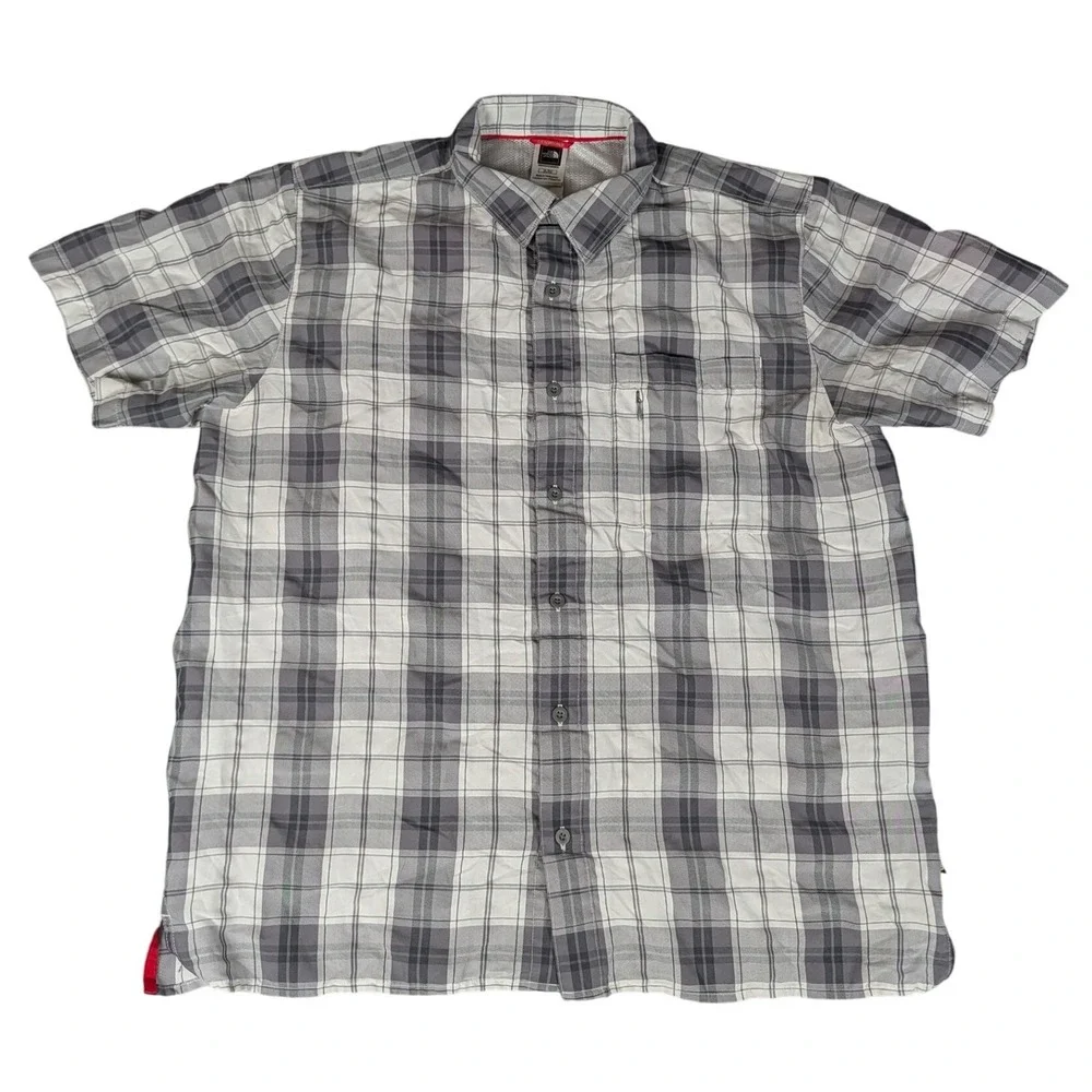 The North Face Mens Grey White Plaid Short Sleeve Hiking Button Up Shirt XL